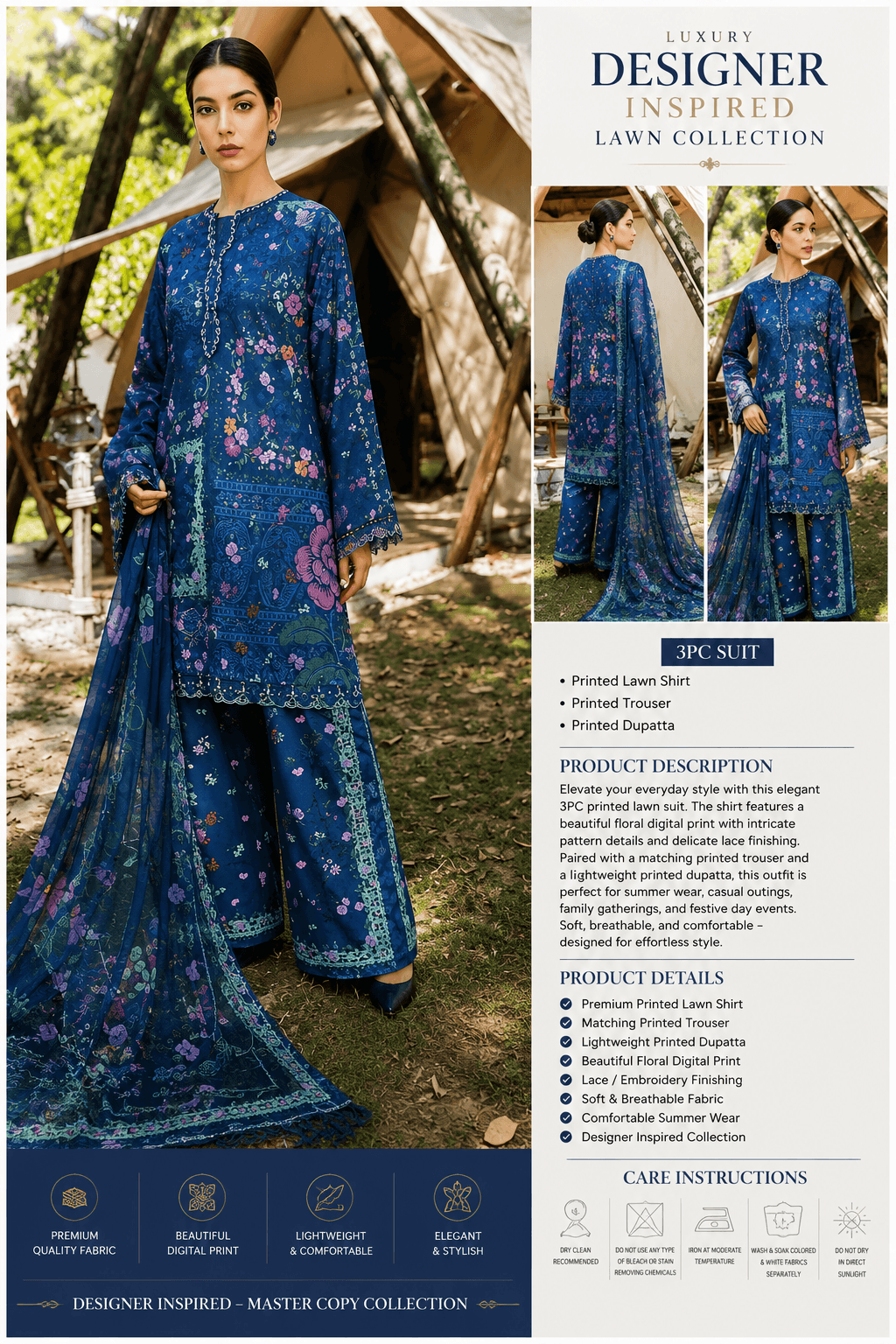 Maria.b Navy Blue Floral Lawn 3PC Suit